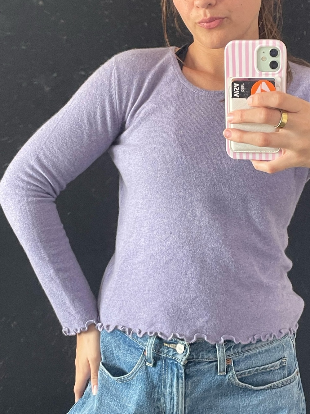 Lilac Long-Sleeve Ruffle-Hem Knit Top